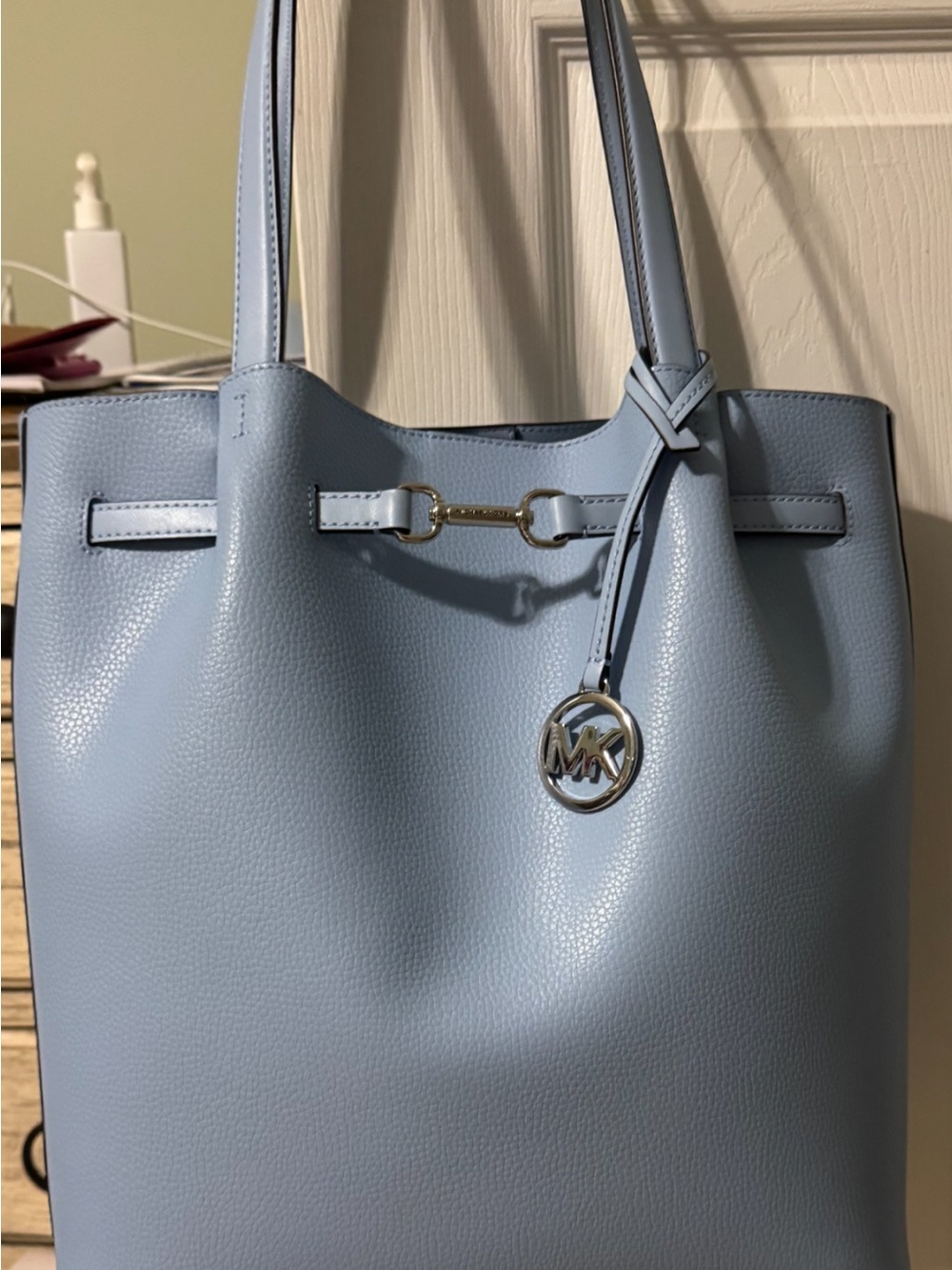 Michael Kors Powder Blue Pebbled Leather Tote with Gold Hardware